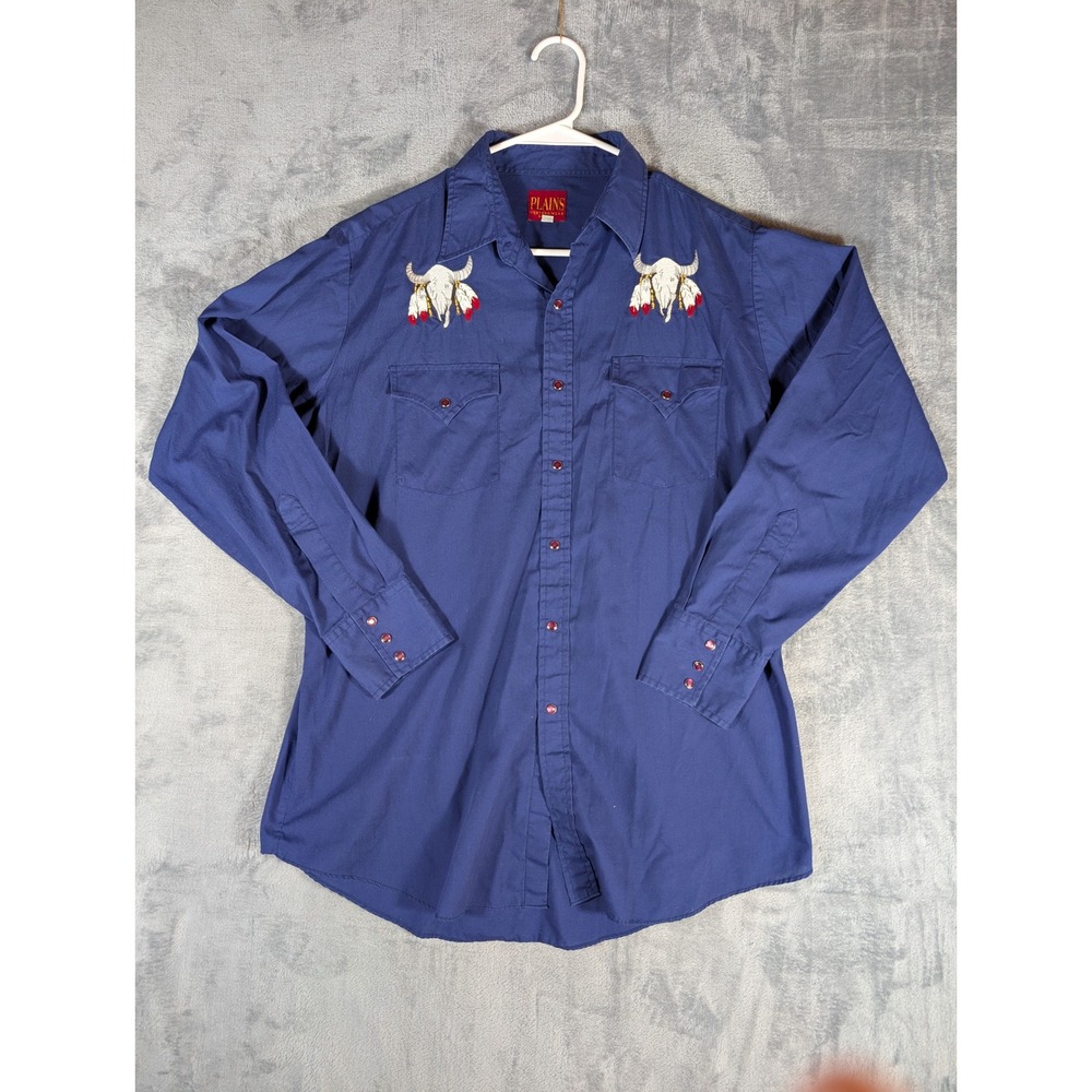 Plains Western Embroidered Long-Sleeve Button-Down Shirt - Navy